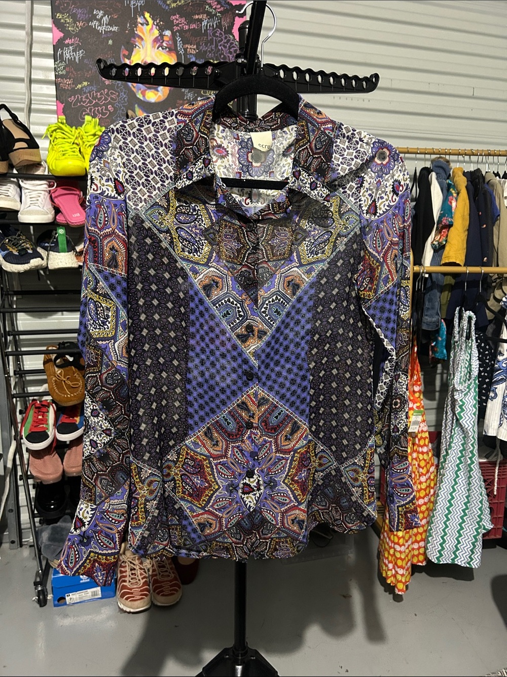 ecru Purple Multi Patchwork Button-Down sheer Blouse no size tags s/m?